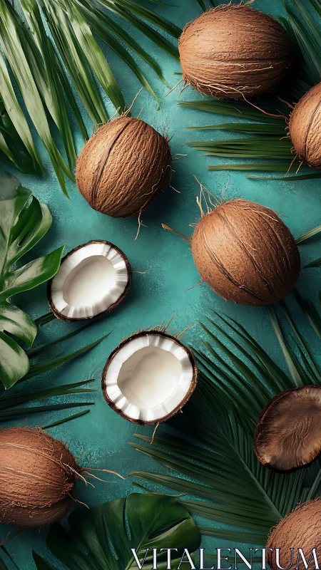 Top-down tropical coconuts and foliage on teal textured surface.
