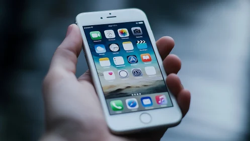 White iPhone held in palm showing iOS home screen interface.