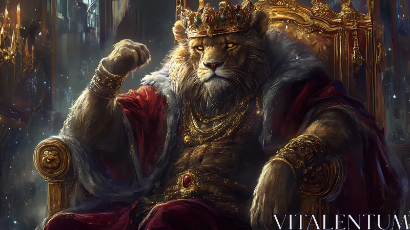 Regal lion monarch seated on ornate golden throne.