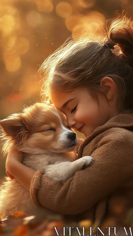 Child's tender embrace with golden retriever bathed in warm golden light.