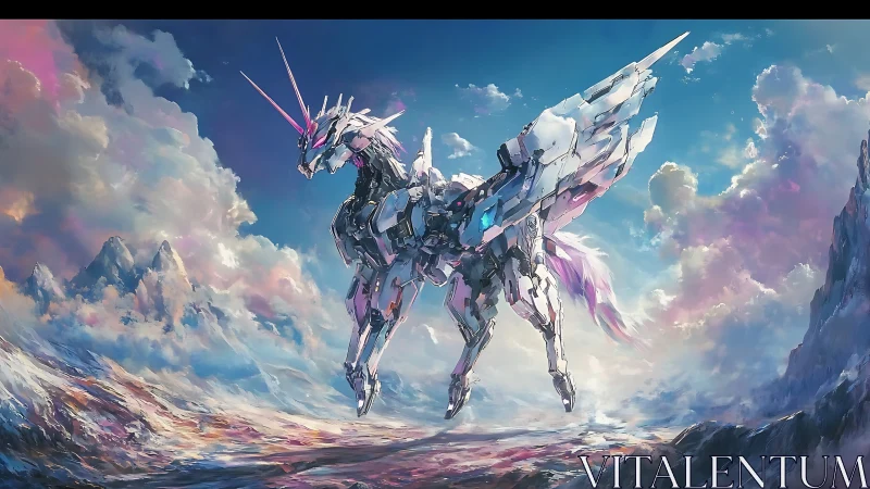 Mecha unicorn soars above luminous clouds in a fantasy sky