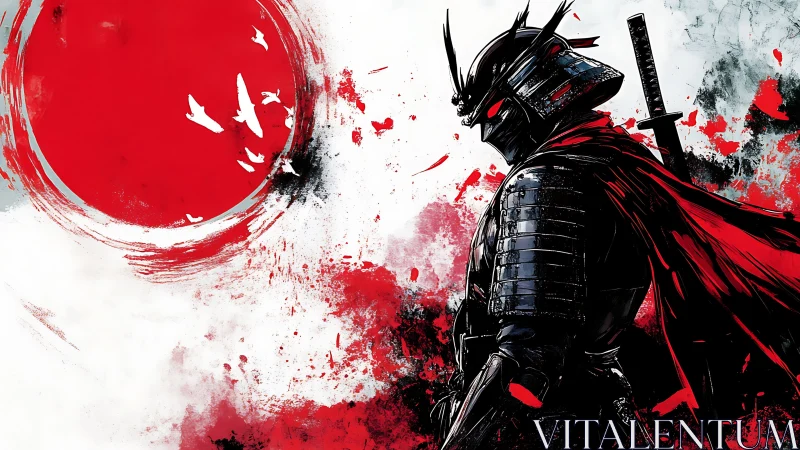 Samurai warrior profile in high-contrast ink-splatter composition.