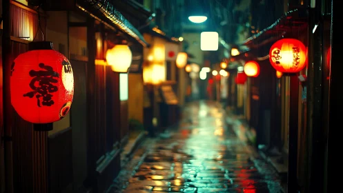 Rainy narrow alley with red Japanese lanterns at night.