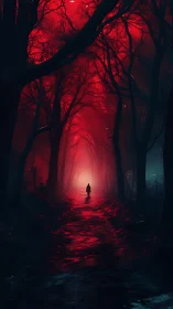 Solitary figure walks into blood-red luminescent forest corridor