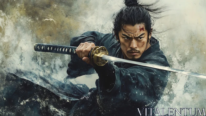 Storm-eyed samurai lunges forward, blade carving frozen thunder.