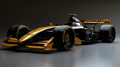 Yellow and black Formula race car on dark studio floor.