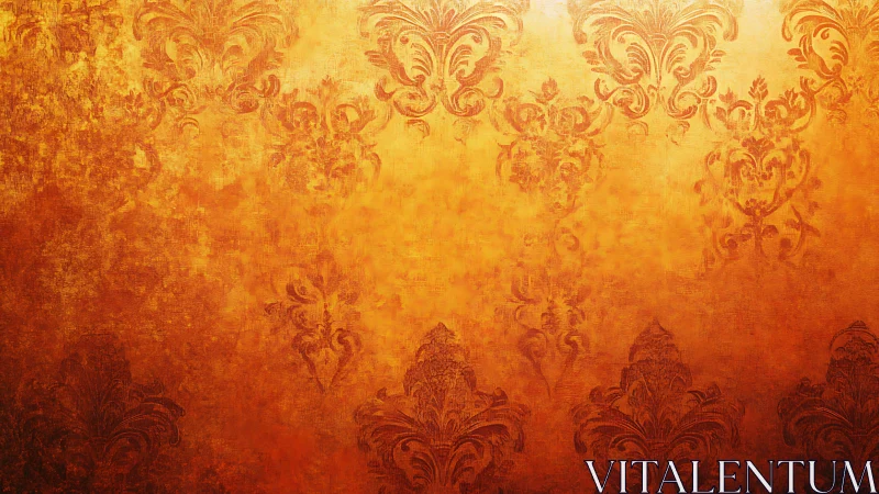 Ornate damask pattern in distressed golden tonal gradient field.