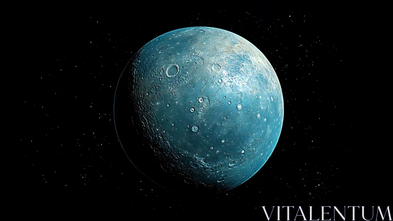 Blue cratered planet in deep black outer space background.