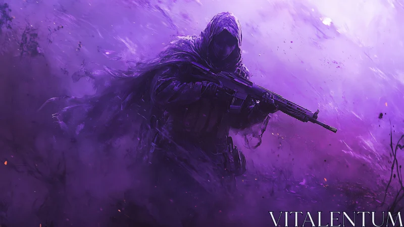 Hooded rifle soldier in dense purple atmospheric fog.