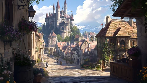 Sunlit medieval town street leading toward hilltop castle.