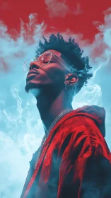 Stylized portrait in red jacket against smoky backdrop.