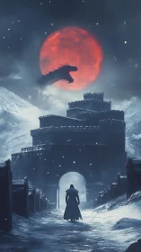 Lone warrior faces fortress under blood red dragon moon.