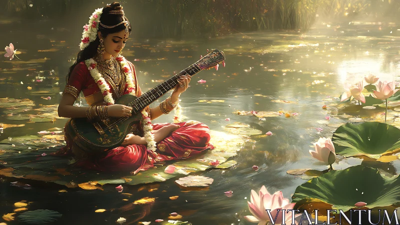 Seated musician on lotus pond surface with floral adornment.