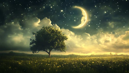 Luminous crescent moon over glowing meadow and lone tree.