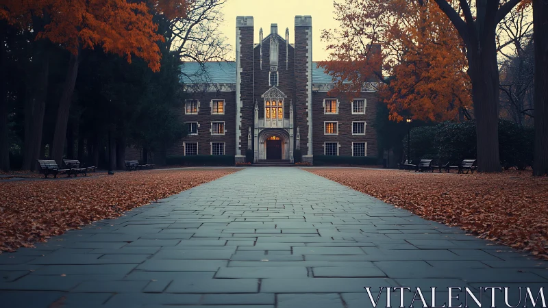 Symmetrical collegiate Gothic hall framed by autumn foliage at dusk