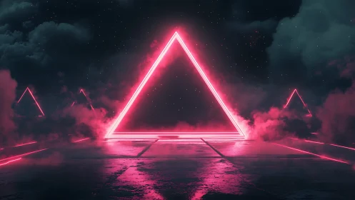 Glowing neon triangle gateway shimmers in a dreamy nightscape