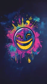 Neon smiley graffiti emblem with splatter on indigo ground.