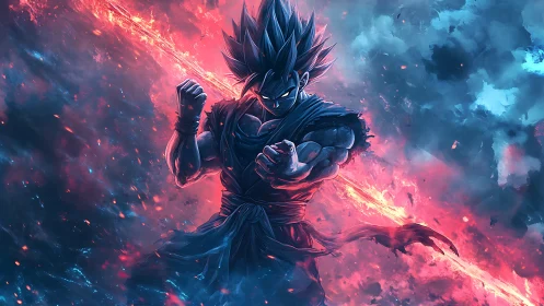 Muscular spiky-haired fighter stands centered in glowing clouds