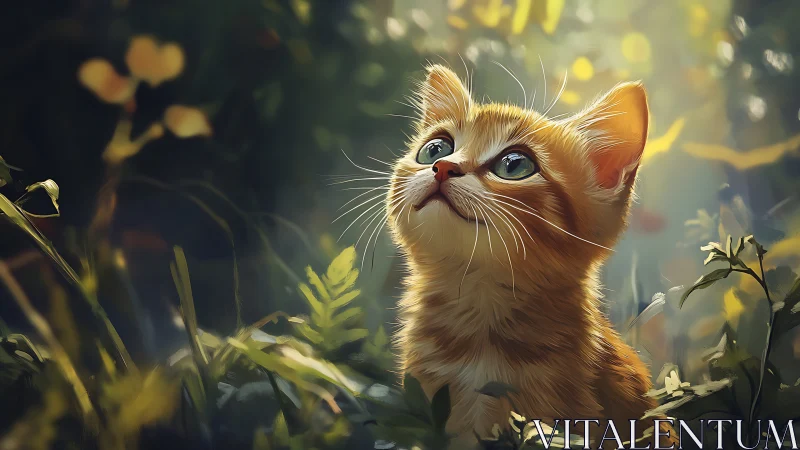 Golden-Eyed Dreamer: An Orange Kitten's Woodland Wonder.
