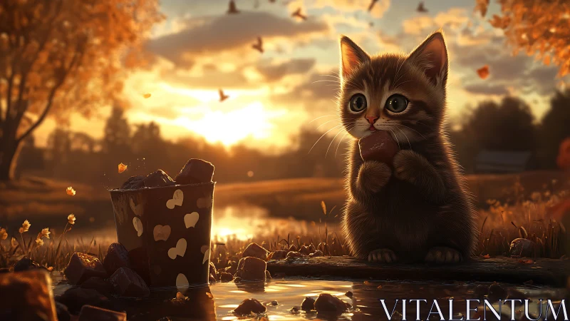 Anthropomorphic Feline Subject in Golden Hour Landscape Setting.