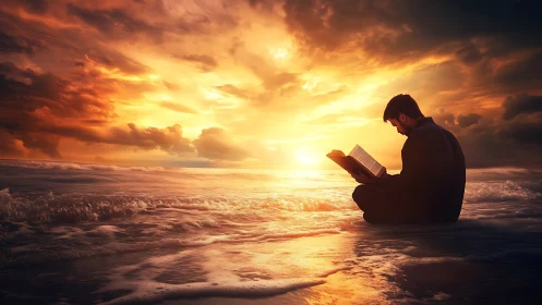 Man reading by the glowing sea at a peaceful sunset.