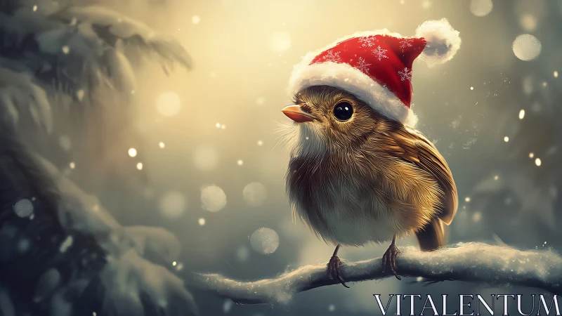 Festive songbird in snow glows under soft winter light.
