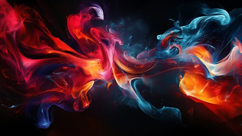 Colored light plumes intersect across a dark digital field