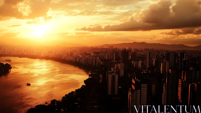 Golden sunset over dense coastal city skyline and river