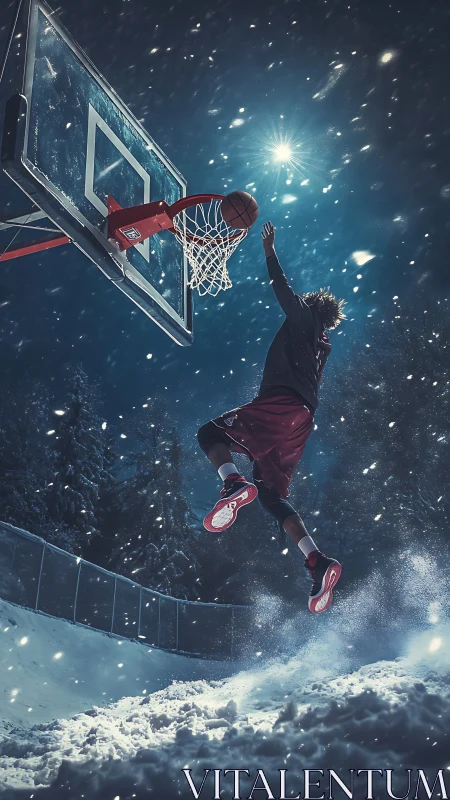 Basketball player executes dynamic dunk in snowy nocturnal court