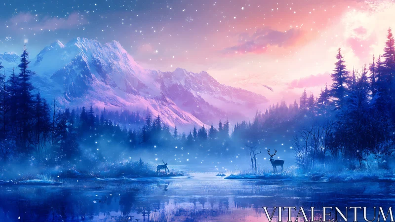 Digital painting of twilight alpine lake with winter wildlife.