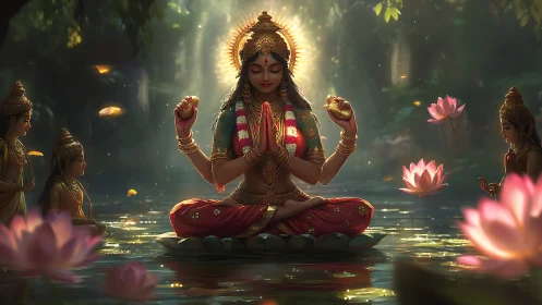 Golden serenity on a lotus lake with gentle divine glow.