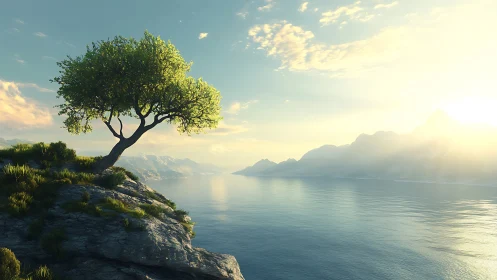 Solitary cliffside tree overlooks serene sunlit lake panorama.