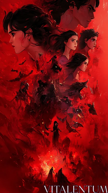 Clustered character portraits in red-toned infernal scene.