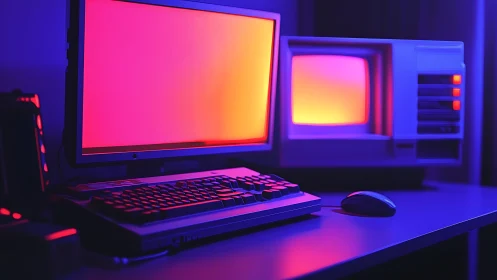 Contemporary and retro computer monitors under neon light.