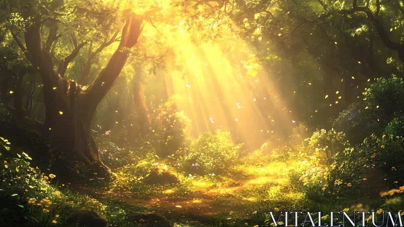 Digital painting of sunlit enchanted forest glade composition.