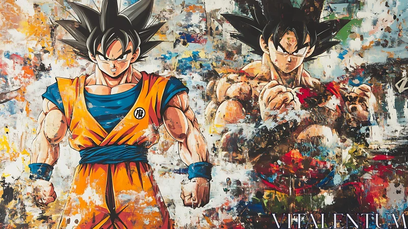 Dual anime warrior figures on abstract textured ground.