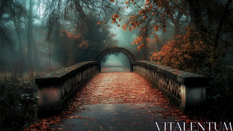 Foggy park bridge covered with autumn leaves at sunrise