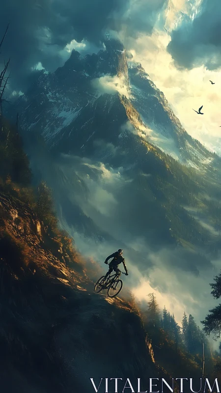 Mountain biker descends misty alpine ridge under dramatic volumetric light
