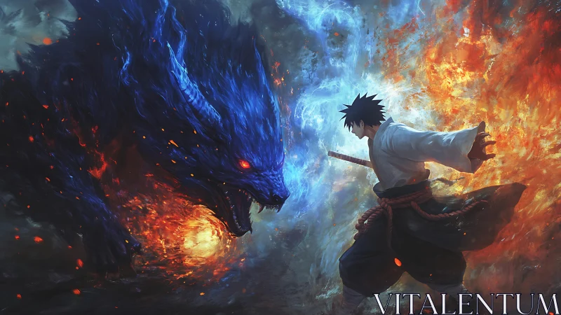 Swordsman confronts colossal blue fire beast amid split flames