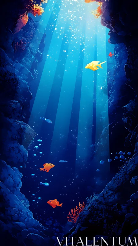 Sunlit vertical underwater ravine contains scattered orange fish