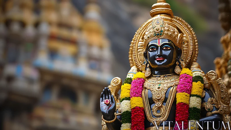 Gilded Hindu deity statue with garlands in temple setting.