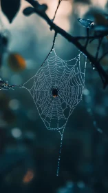 Spider in dew-laden orb web under cool dawn bokeh glow.