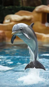Bottlenose dolphin leaps above pool water in midair motion.
