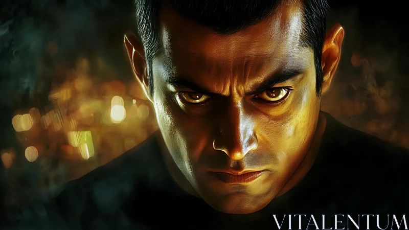 Intense male portrait glows in dramatic golden light.