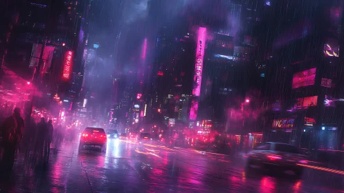 Neon rainstorm haunts a midnight cyberpunk boulevardscape.