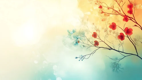 Watercolor Floral Gradient Composition with Red Blossoms and Teal Base.