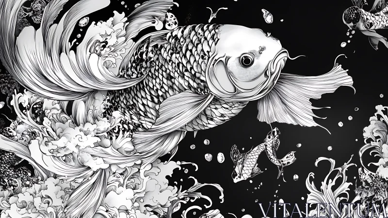 Intricate monochrome koi illustration explores dynamic aquatic motion