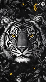 Monochrome tiger portrait with yellow eyes in stylized foliage