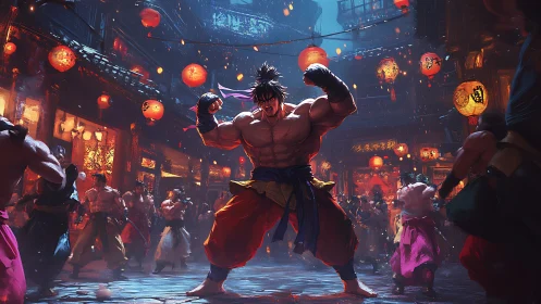 Lantern-lit street brawl ignites a fierce warrior’s triumph.