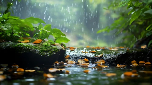 Rain falls on mossy forest rocks and leaf covered water